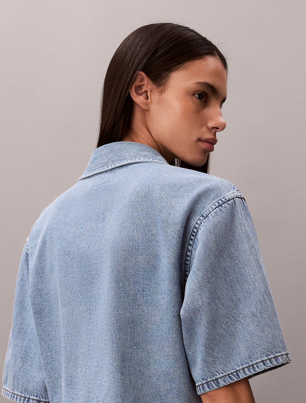 Boxy Cropped Denim Shirt, VINTAGE MOSS, hi-res