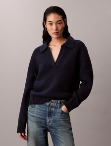 Merino Wool Boucle Polo Sweater, Dark Sapphire, hi-res