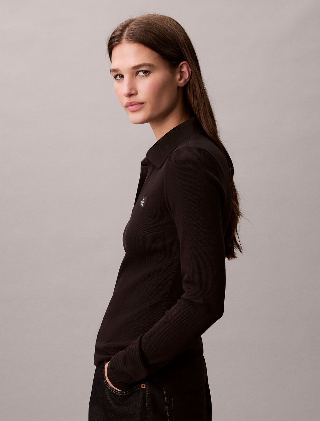 Woven Monologo Rib Collared Top, Black, hi-res