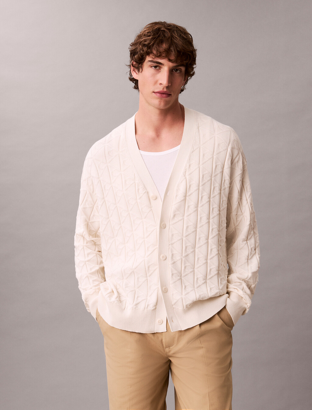 Allover Emblem Logo Relaxed Cardigan, Tofu, hi-res