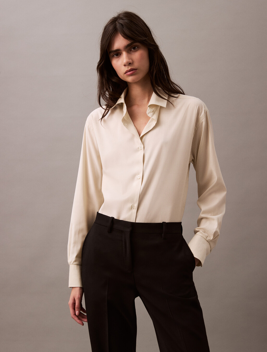 Relaxed Wool Blend Button-Down Shirt, Ivory / Charcoal #0021, hi-res