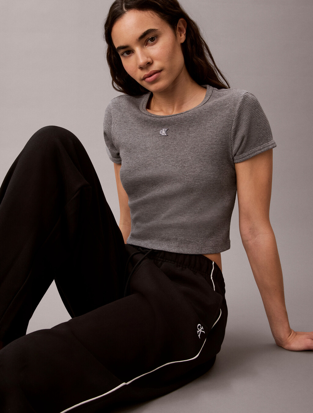 Monogram Cotton Terry Contrast Piping Pant, Black, hi-res