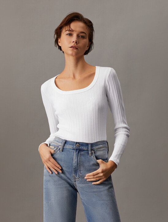 Boat Neck Rib Knit Slim Top