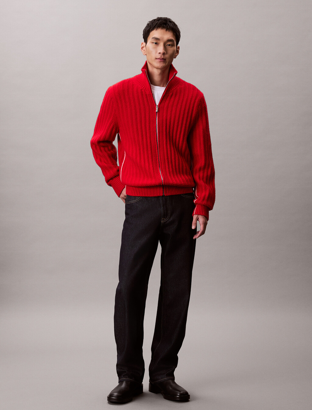 Lunar New Year Cashmere Zip Thru Sweater, Pantone Red, hi-res