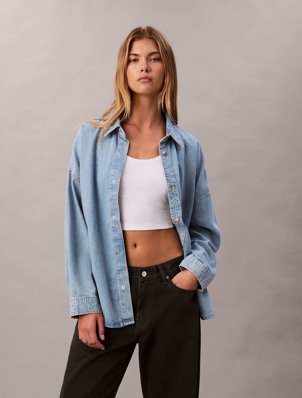 Cotton Linen Denim Shirt, AARON INDIGO, hi-res