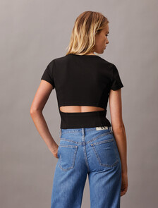 Rib Knit Open Back Cropped Top, Ck Black, hi-res