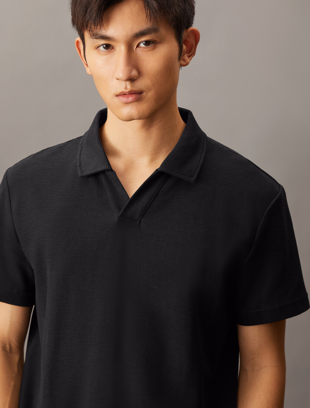 Textured Open Collar Knit Polo, Ck Black, hi-res