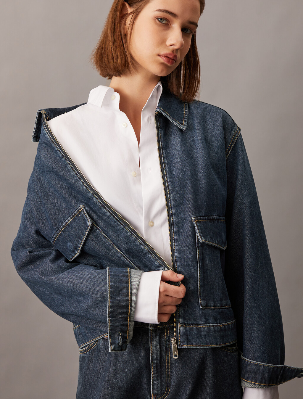 超寬鬆拉鍊牛仔外套, Denim Dark, hi-res