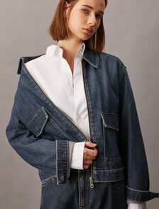 超寬鬆拉鍊牛仔外套, Denim Dark, hi-res