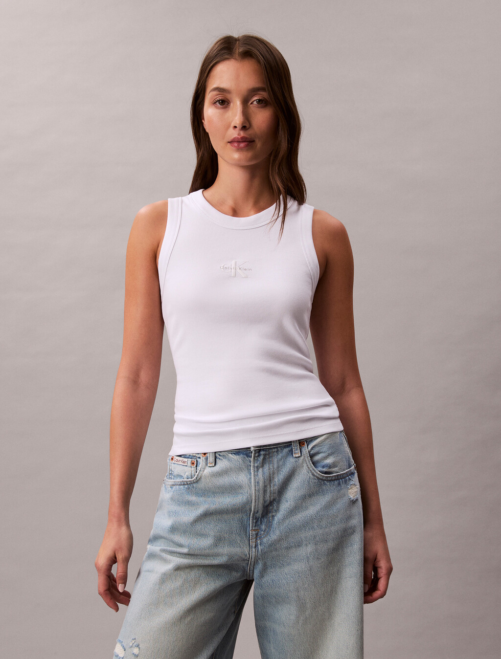 Monogram Rib Knit Tank Top, Brilliant White, hi-res