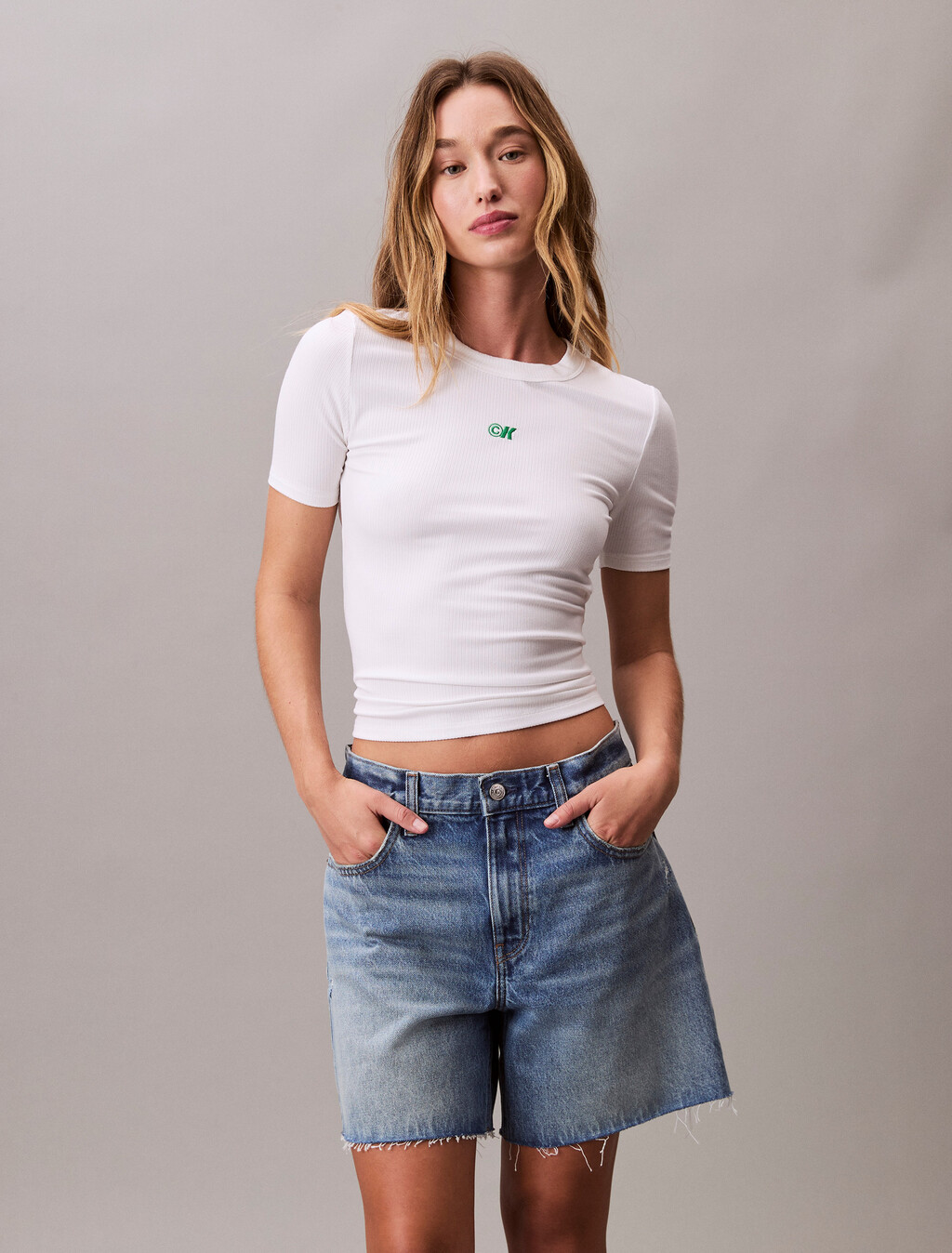 CK Logo Modal Stretch Ribbed Tee, Brilliant White, hi-res