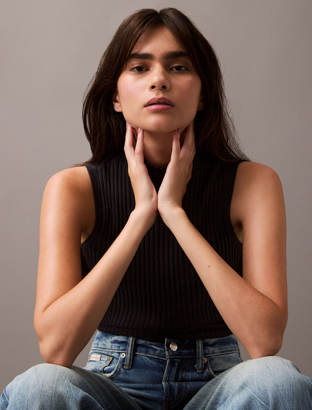 Silk Cashmere Mock Neck Tank Top, Vulcan, hi-res