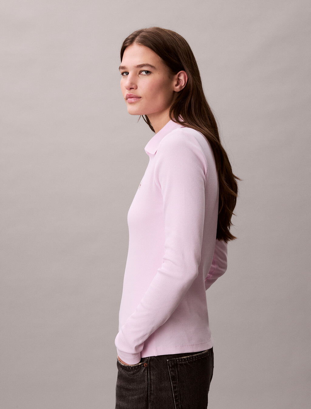 Woven Monologo Rib Collared Top, Pearly Pink, hi-res