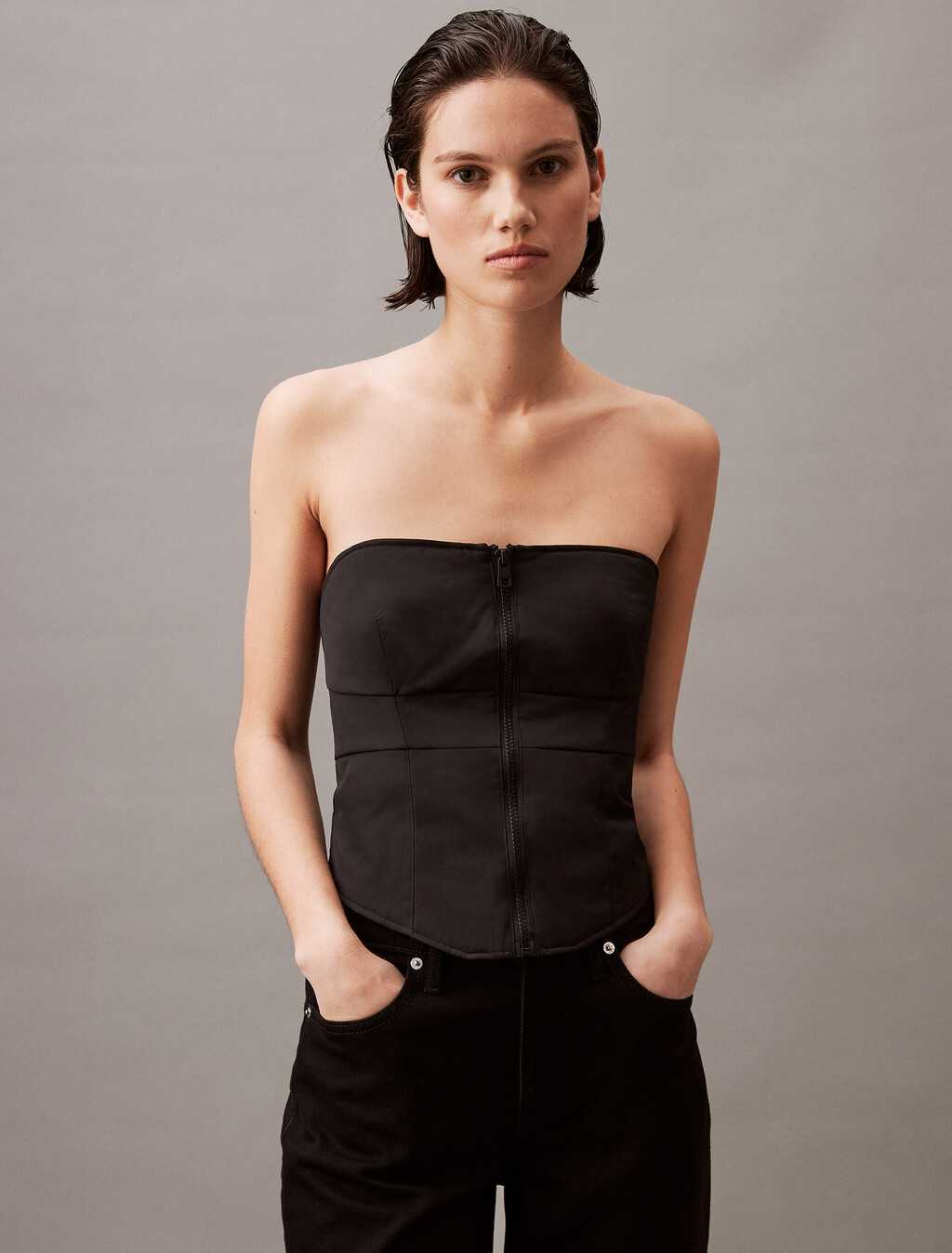 Padded Zip Bustier Top, Ck Black, hi-res
