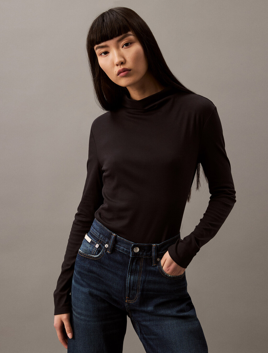 絲光平紋針織小高領 T 裇, Black Beauty, hi-res