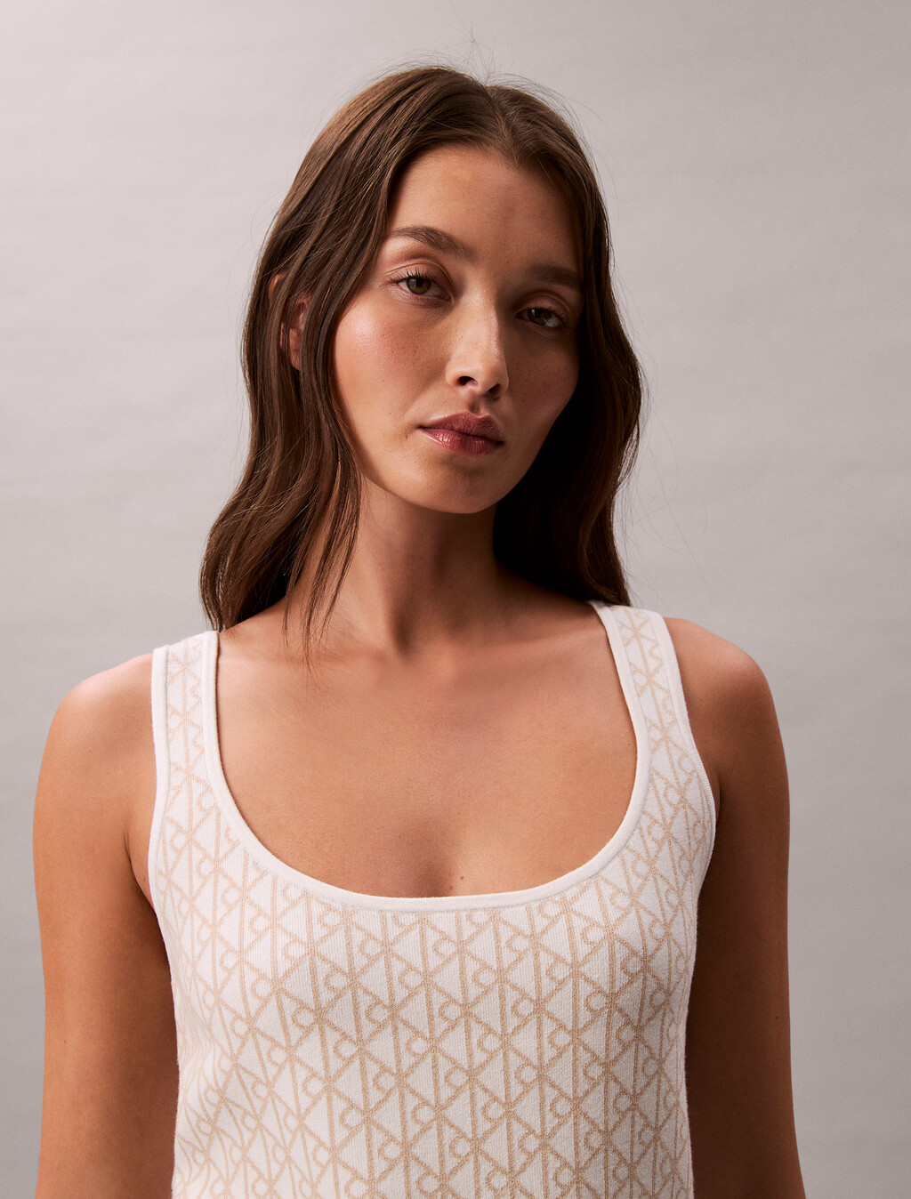 Monogram Tank Cardigan Twinset, White Greige, hi-res