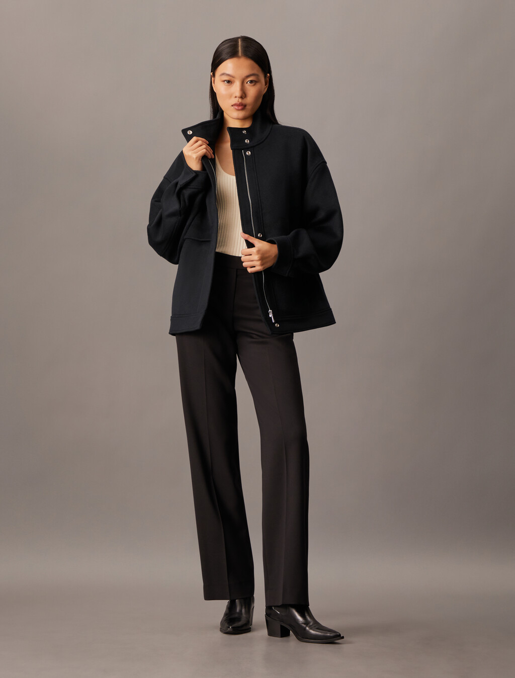 Cashmere Wool Blend Short Bomber Jacket, Black Beauty, hi-res