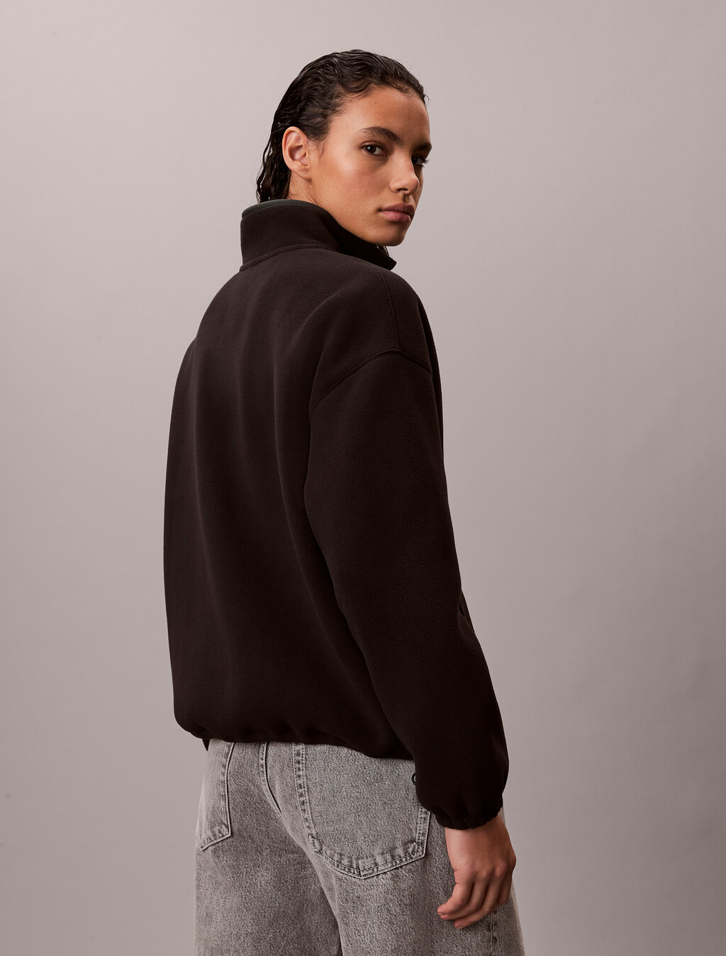 Fleece Relaxed Mock Neck Jacket, Black, hi-res