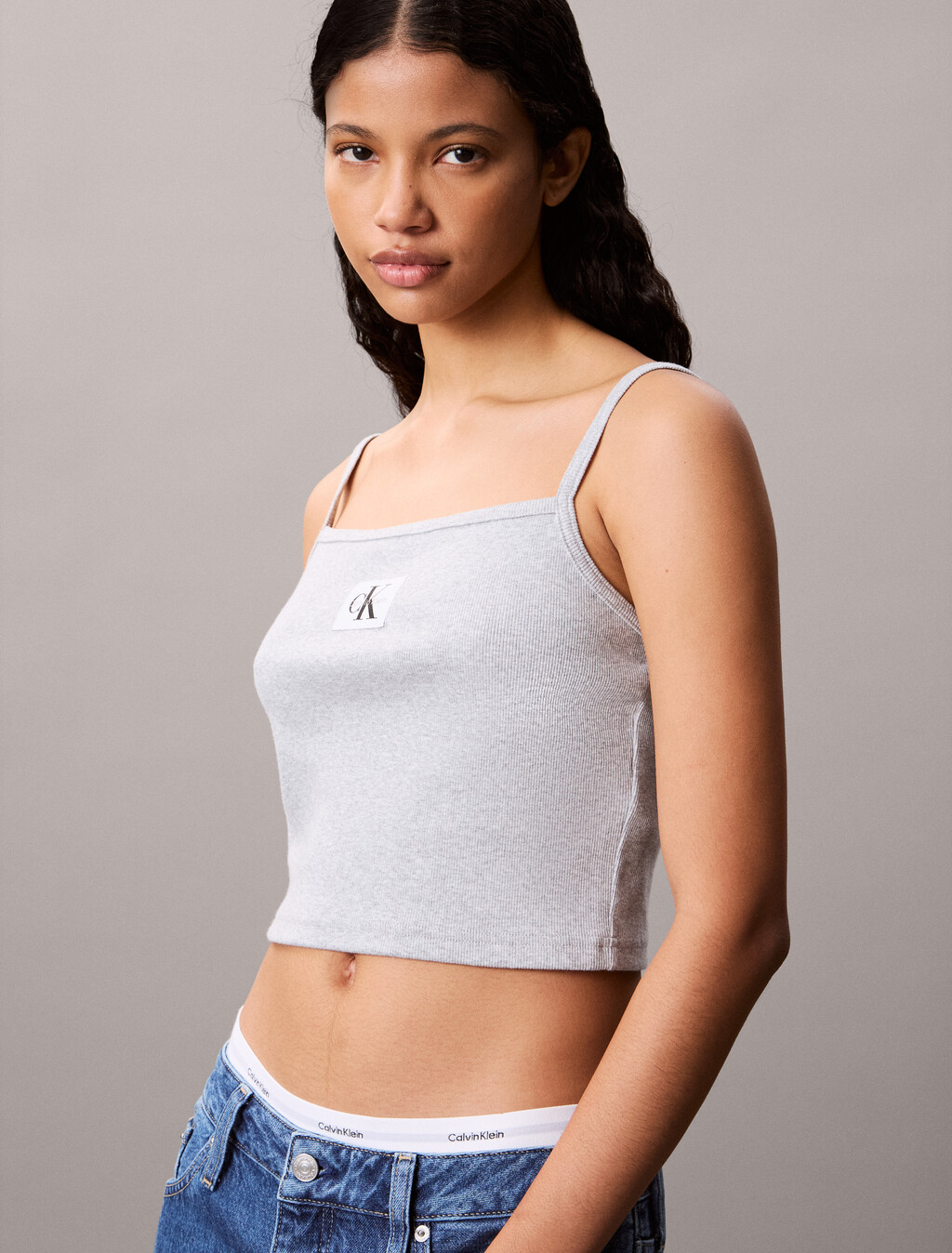 Woven CK Monogram Label Rib Knit Camisole, BC06 Grey Heather, hi-res