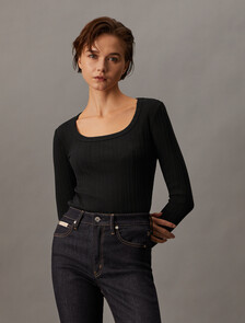 Boat Neck Rib Knit Slim Top, Ck Black, hi-res