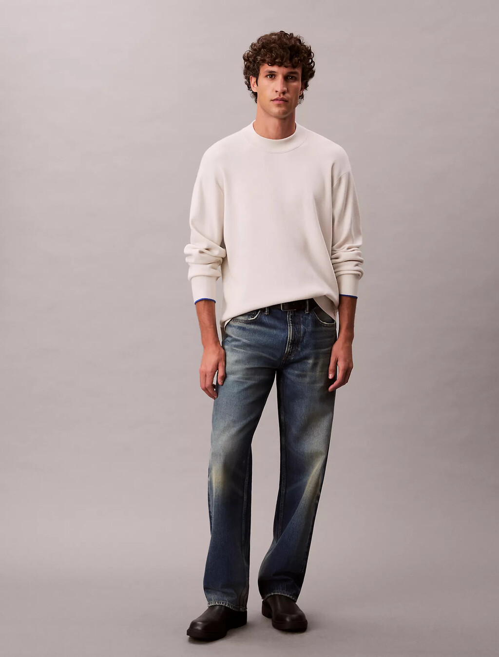 技術針織方正小高領毛衣, Chalk, hi-res