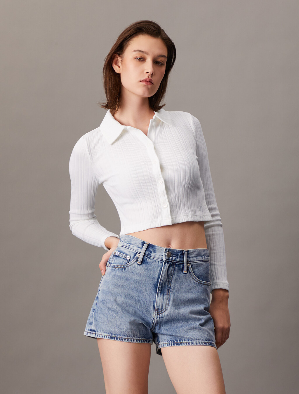 Rib Knit Button Up Polo Top, Bright White, hi-res