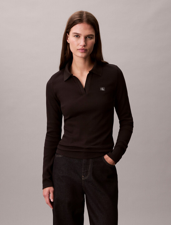 Woven Monologo Rib Collared Top