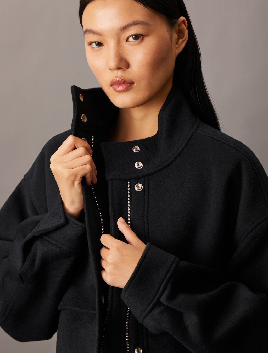 Cashmere Wool Blend Short Bomber Jacket, Black Beauty, hi-res