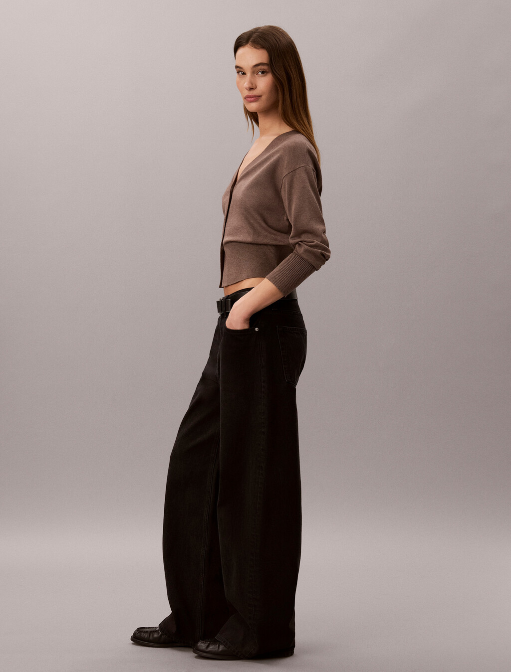 Soft Knit Classic Cardigan, Shiitake Melange, hi-res