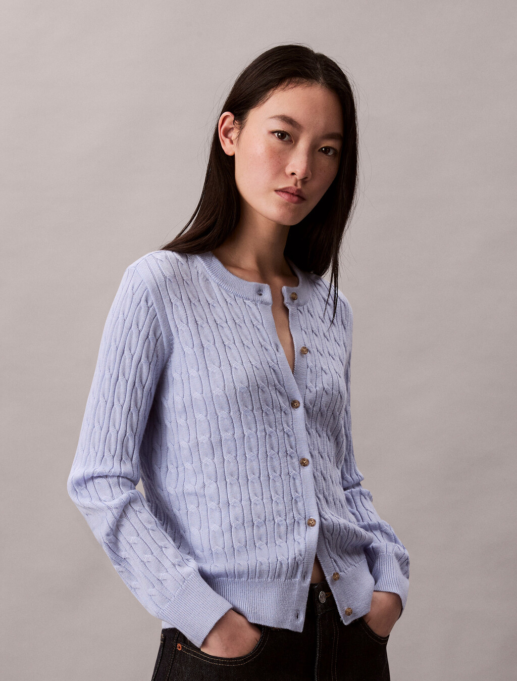 Merino Wool Blend Cable Cardigan, Casual Blue, hi-res