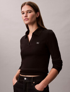 Woven Monologo Rib Collared Top, Black, hi-res