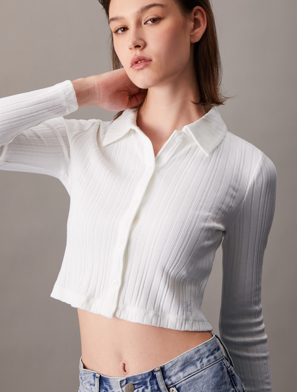 Rib Knit Button Up Polo Top, Bright White, hi-res