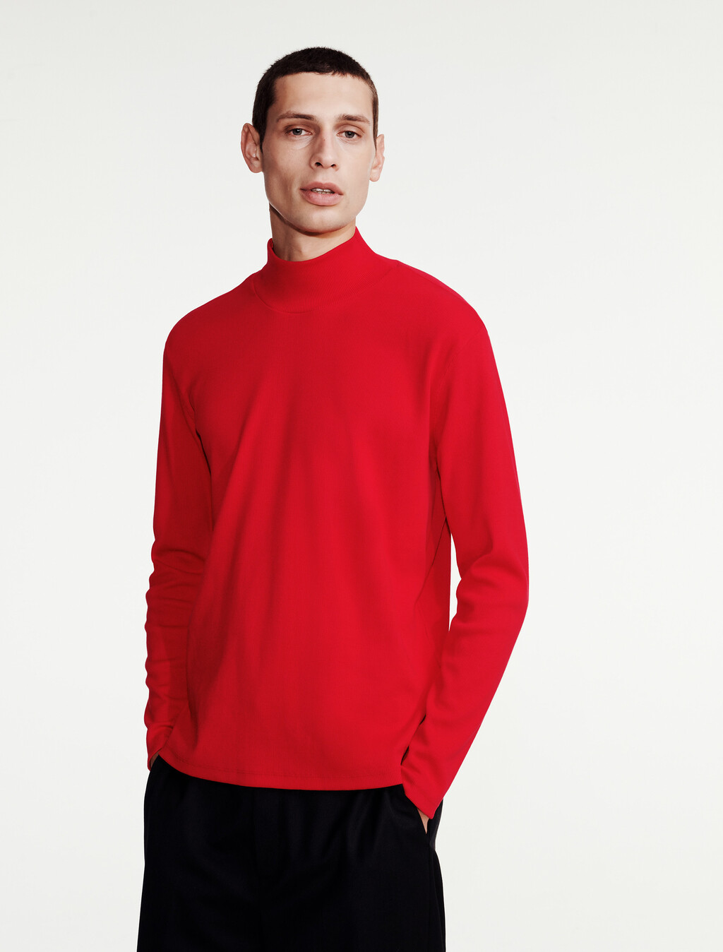 高領羅紋針織 T 恤, Pantone Red, hi-res