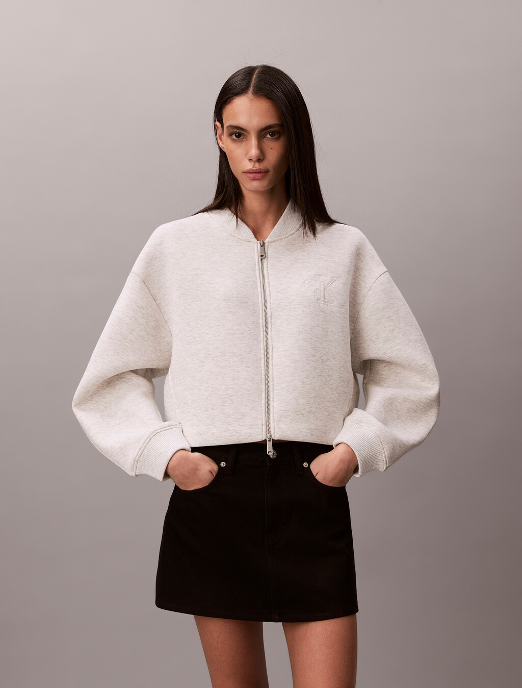 Oversized  Zip Bomber Jacket, BA01 Vanille Heather, hi-res