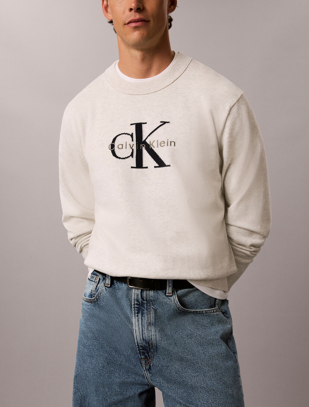 Relaxed Cotton Monologo Graphic Jumper, SNOW HEATHER, hi-res