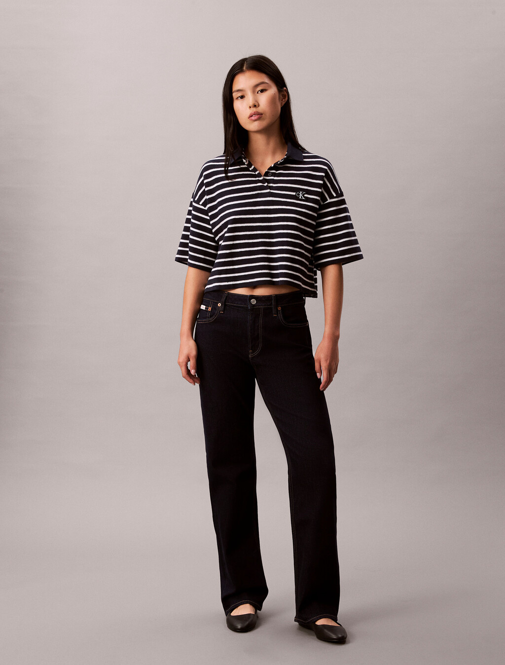 Stripe Cotton Pique Cropped Polo, Dark Sapphire, hi-res