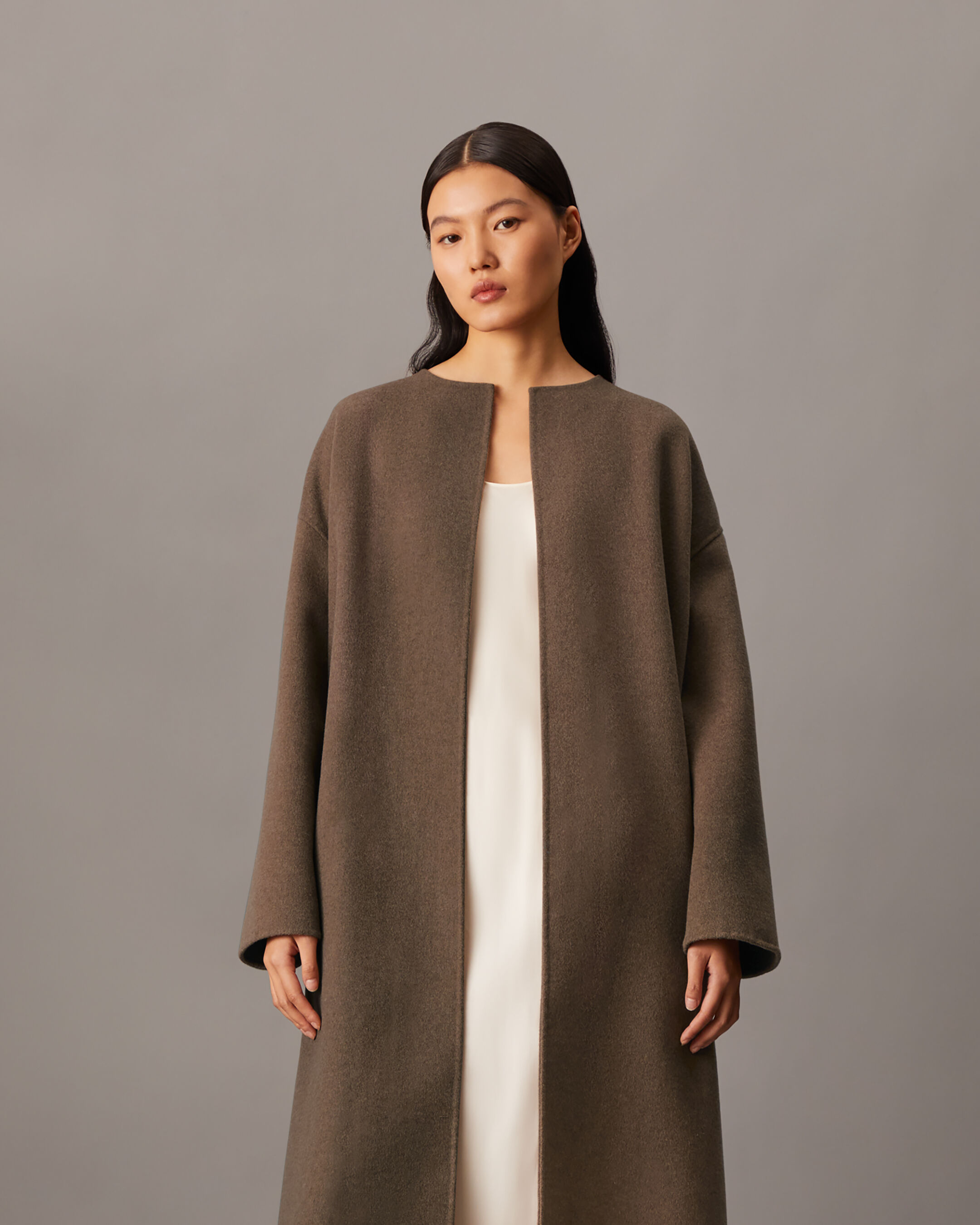 Cashmere Wool Blend Collarless Wrap Coat | yellow | Calvin