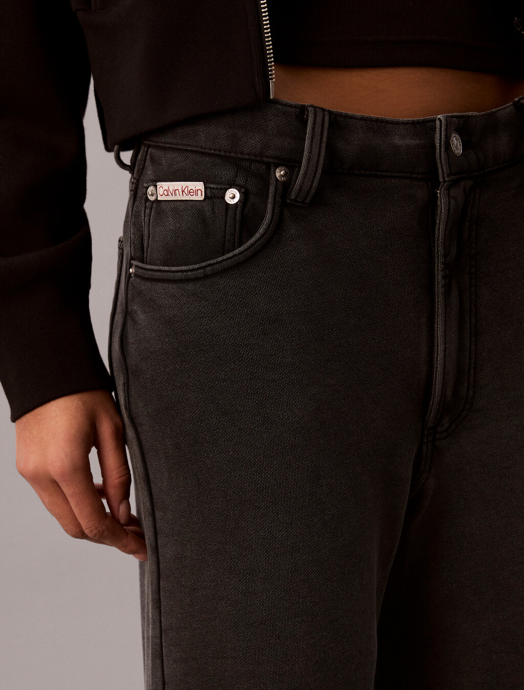 Cotton Terry Wide Leg Trousers, Black, hi-res