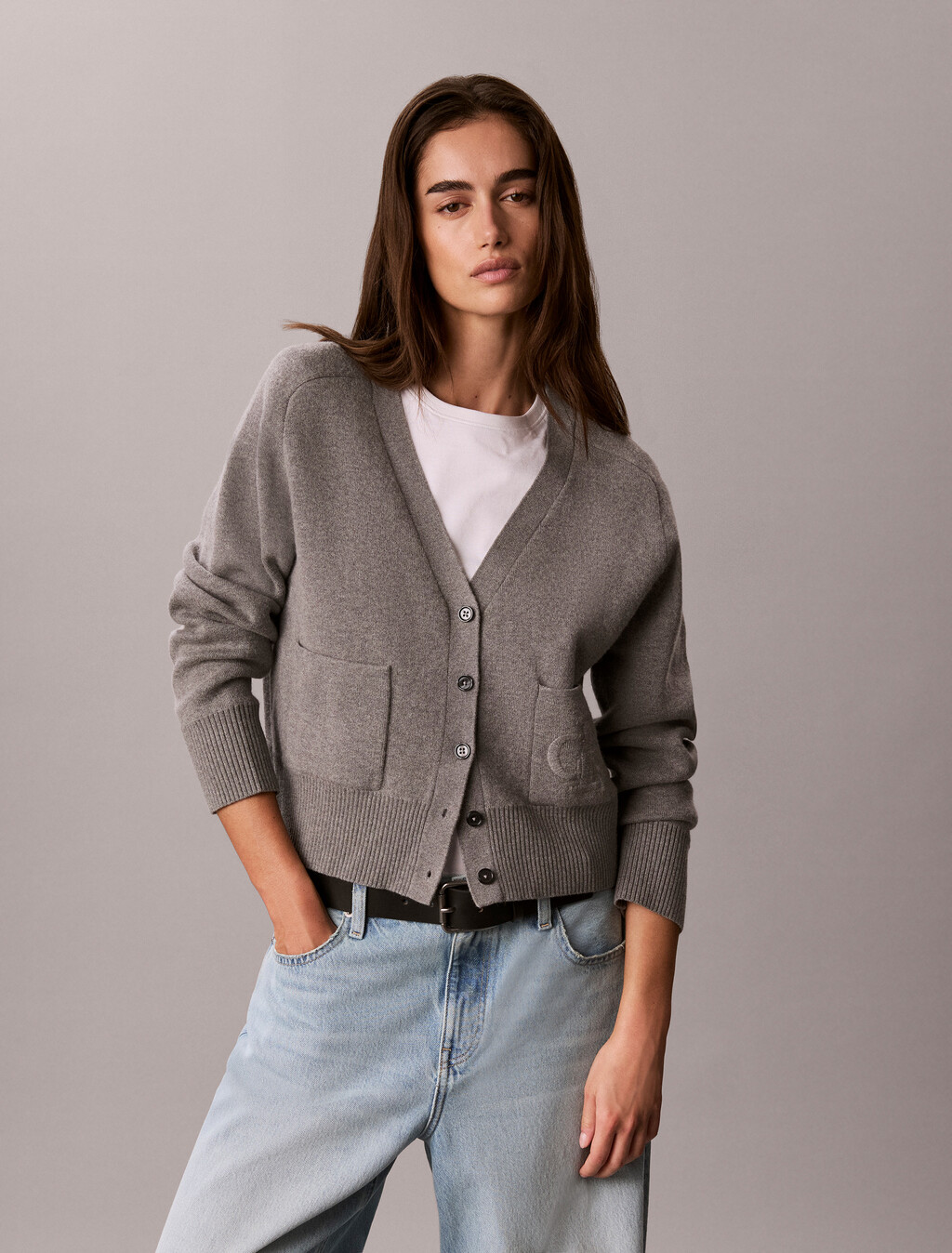 Soft Knit Cotton Wool Cardigan, B30 Grey Heather, hi-res