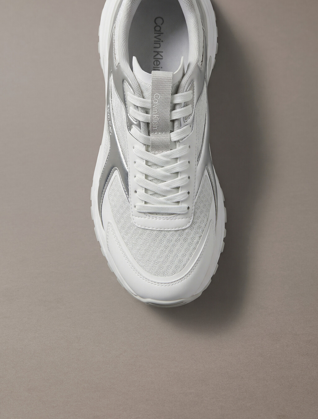 Knit and Metallic Runner Trainers, Bright White/Silver/Light Grey, hi-res