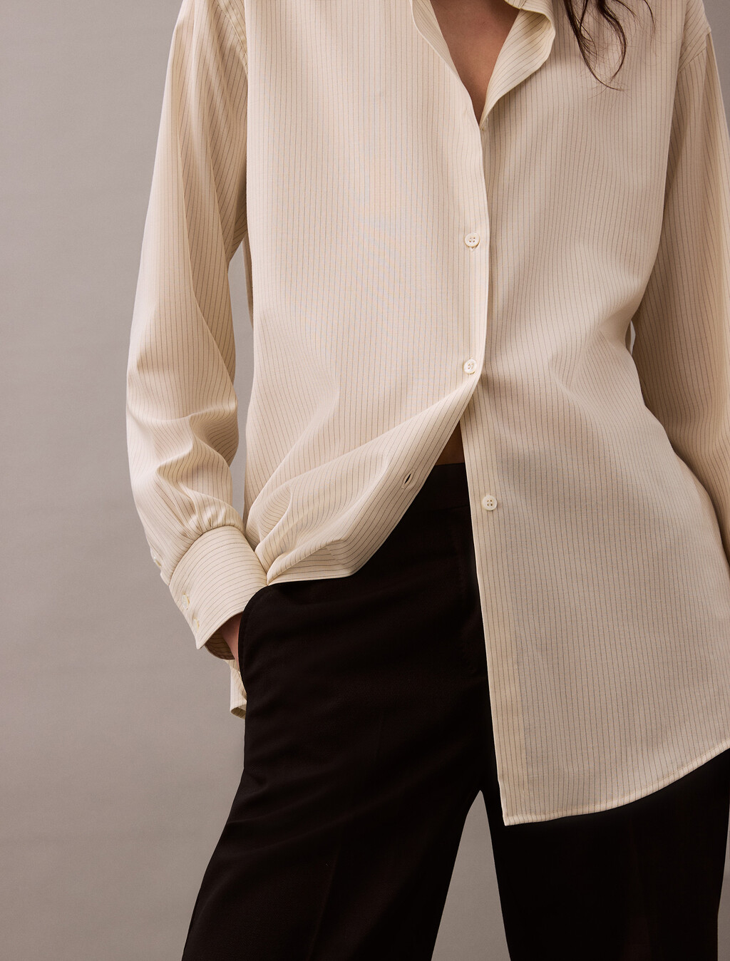 Relaxed Wool Blend Button-Down Shirt, Ivory / Charcoal #0021, hi-res