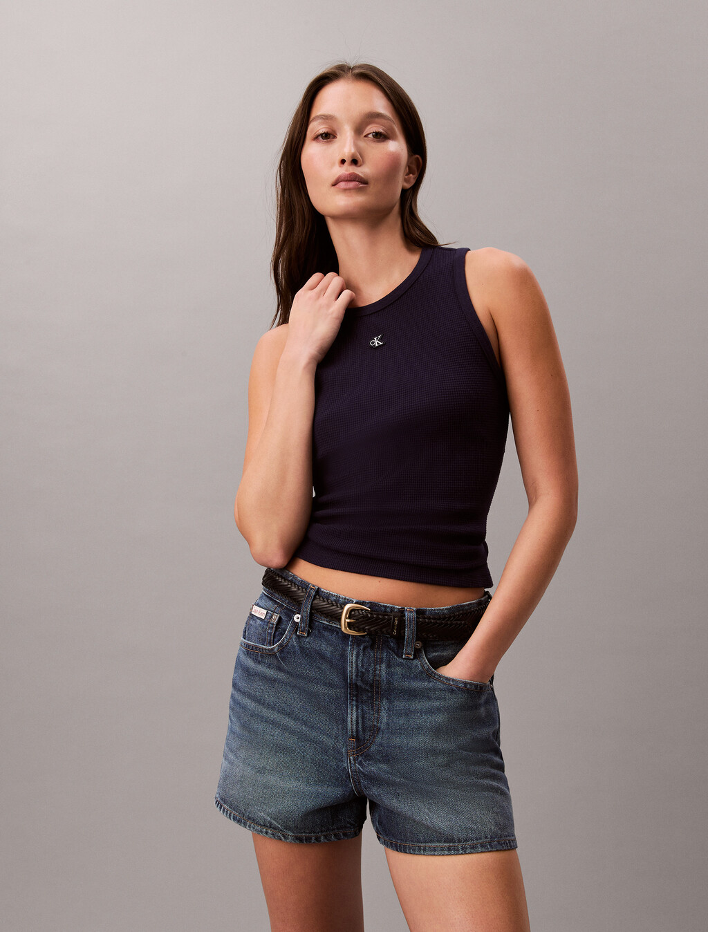 Slim Waffle Racerback Top, Evening Blue, hi-res