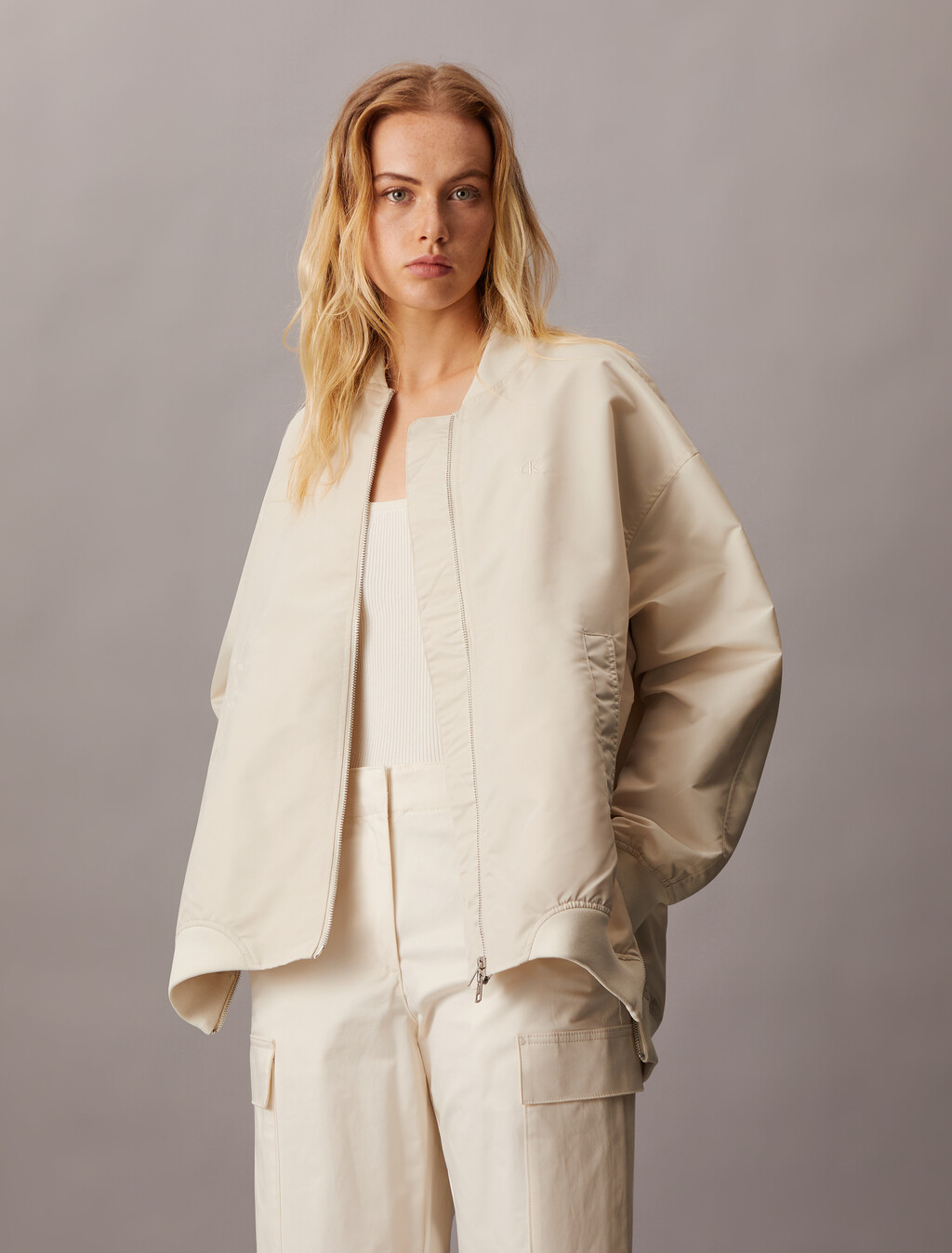 Satin Bomber Jacket, Eggshell, hi-res