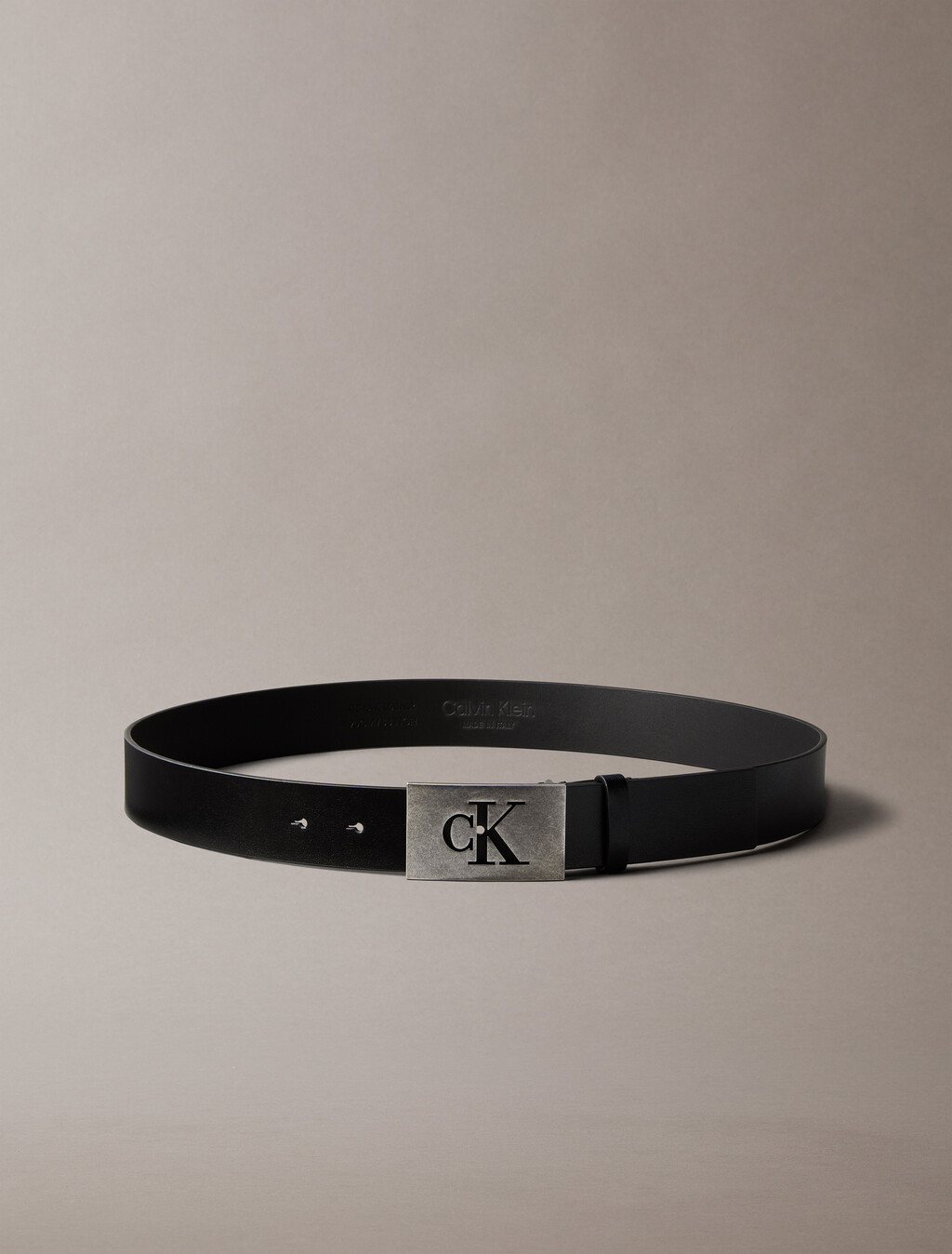 Leather Monogram Plaque Buckle Belt, Black/Antique Silver, hi-res