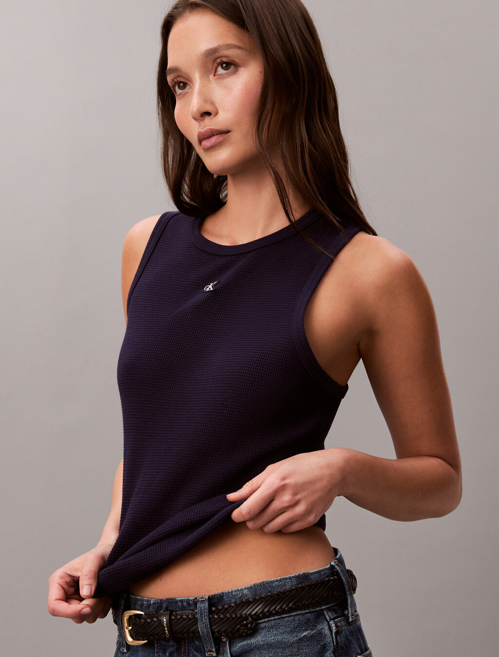 Slim Waffle Racerback Top, Evening Blue, hi-res