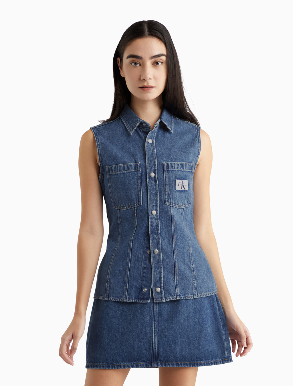 Sleeveless Denim Shirt, 051B STONE MID, hi-res