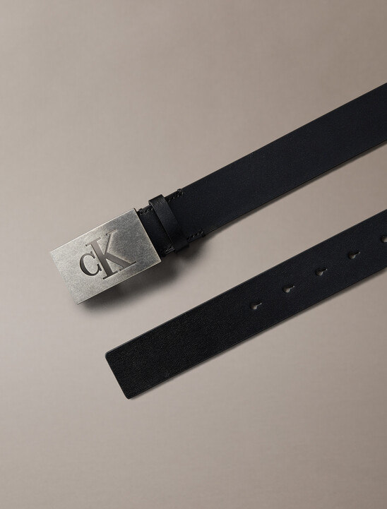 Leather Monogram Plaque Buckle Belt