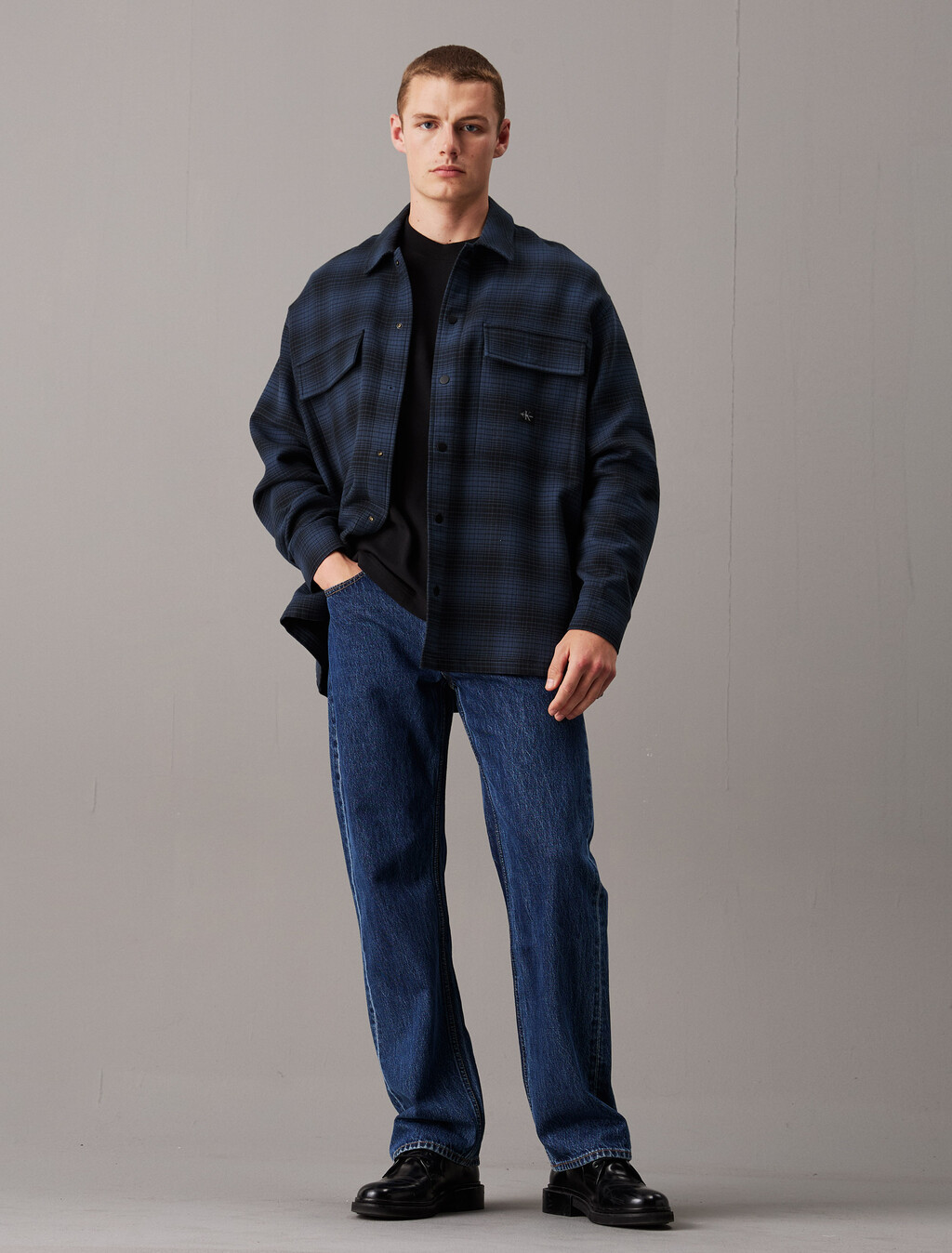 Oversized Checked Shirt Jacket, Black / Ink Check, hi-res