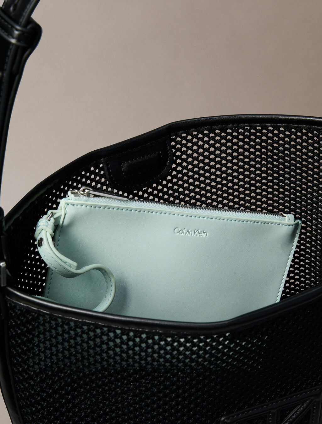 Mesh Emblem Logo Bucket Bag with Pouch, Black, hi-res