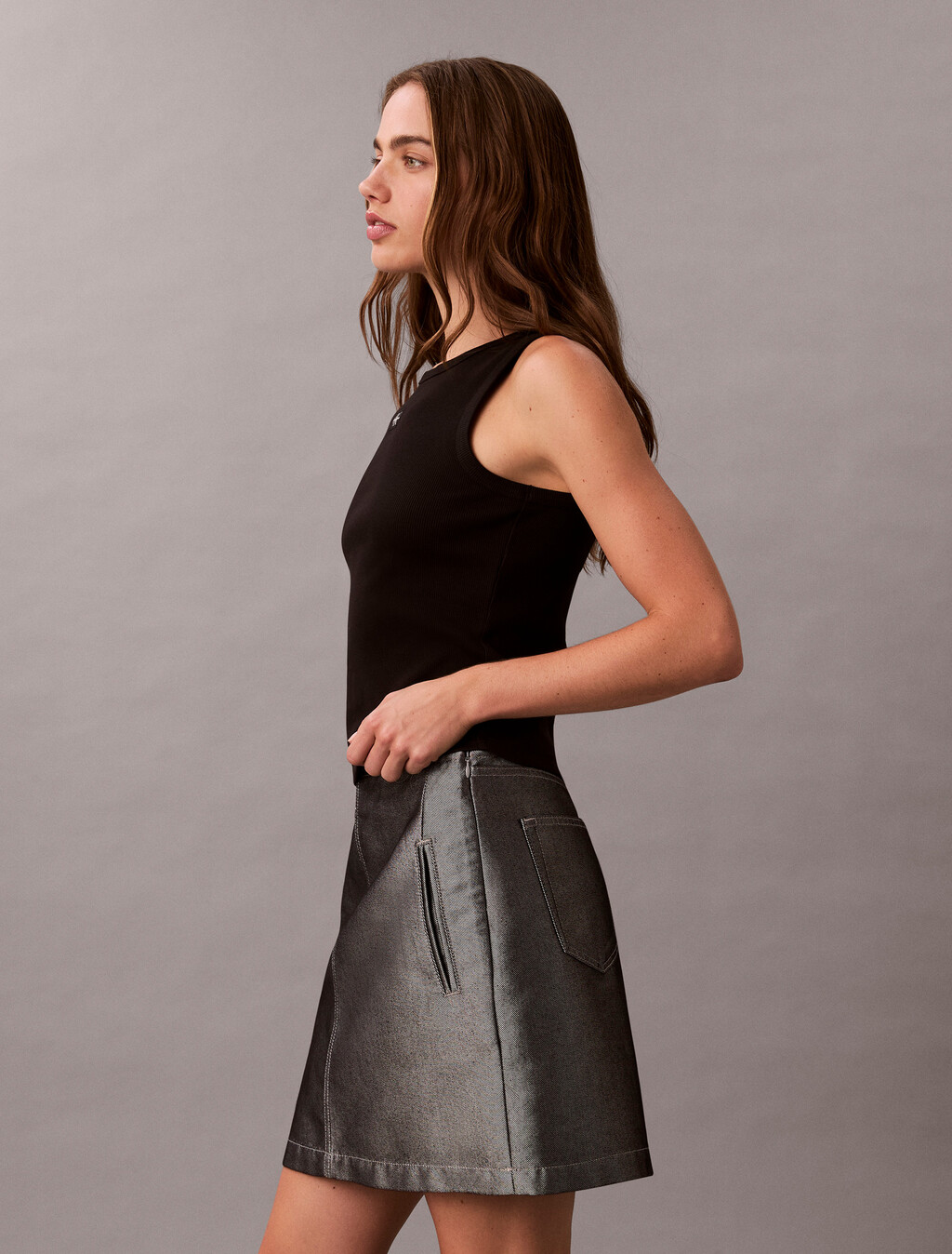 棉質彈性羅紋針織背心, Black, hi-res